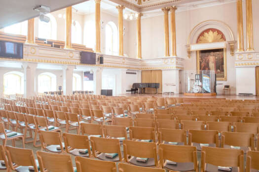 The church hall at All Souls Langham Place, set up in rows.