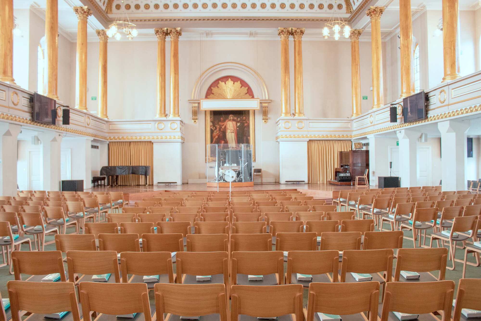The church hall at All Souls Langham Place, set up in rows.