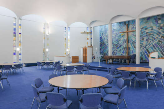 The church hall at St Paul's Robert Adam Street, set up with tables and chairs.