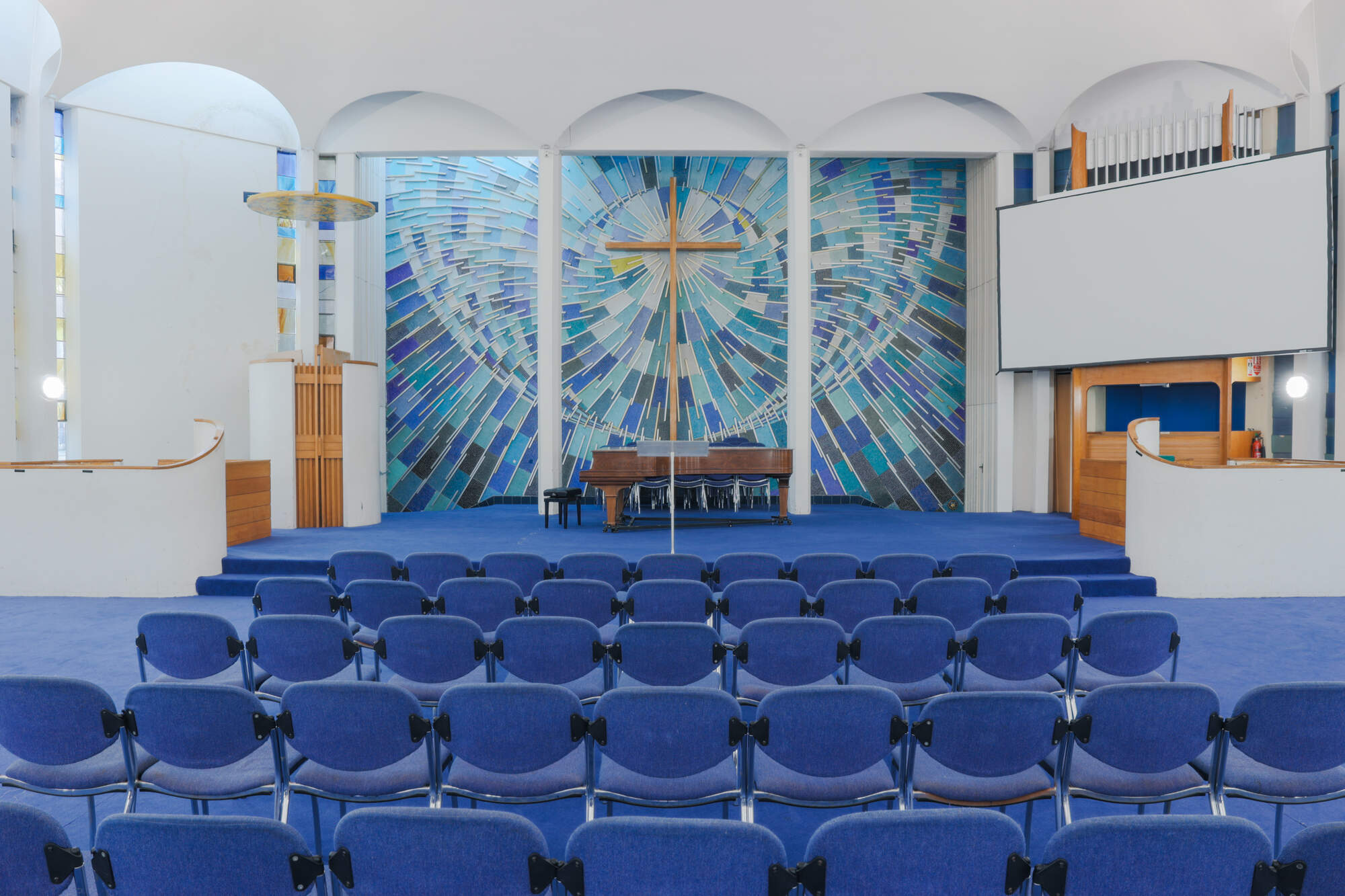 The church hall at St Paul's Robert Adam Street, set up with chairs in rows.