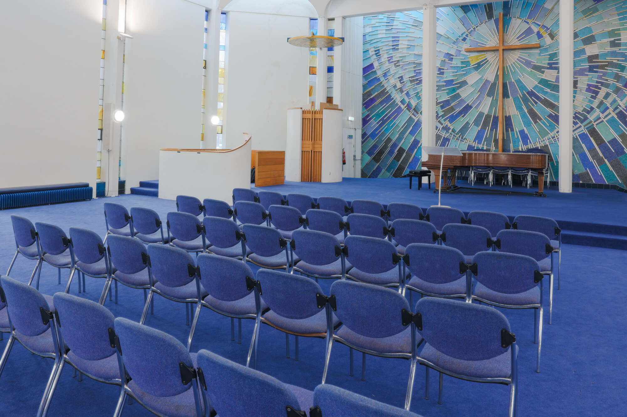 The church hall at St Paul's Robert Adam Street, set up with chairs in rows.