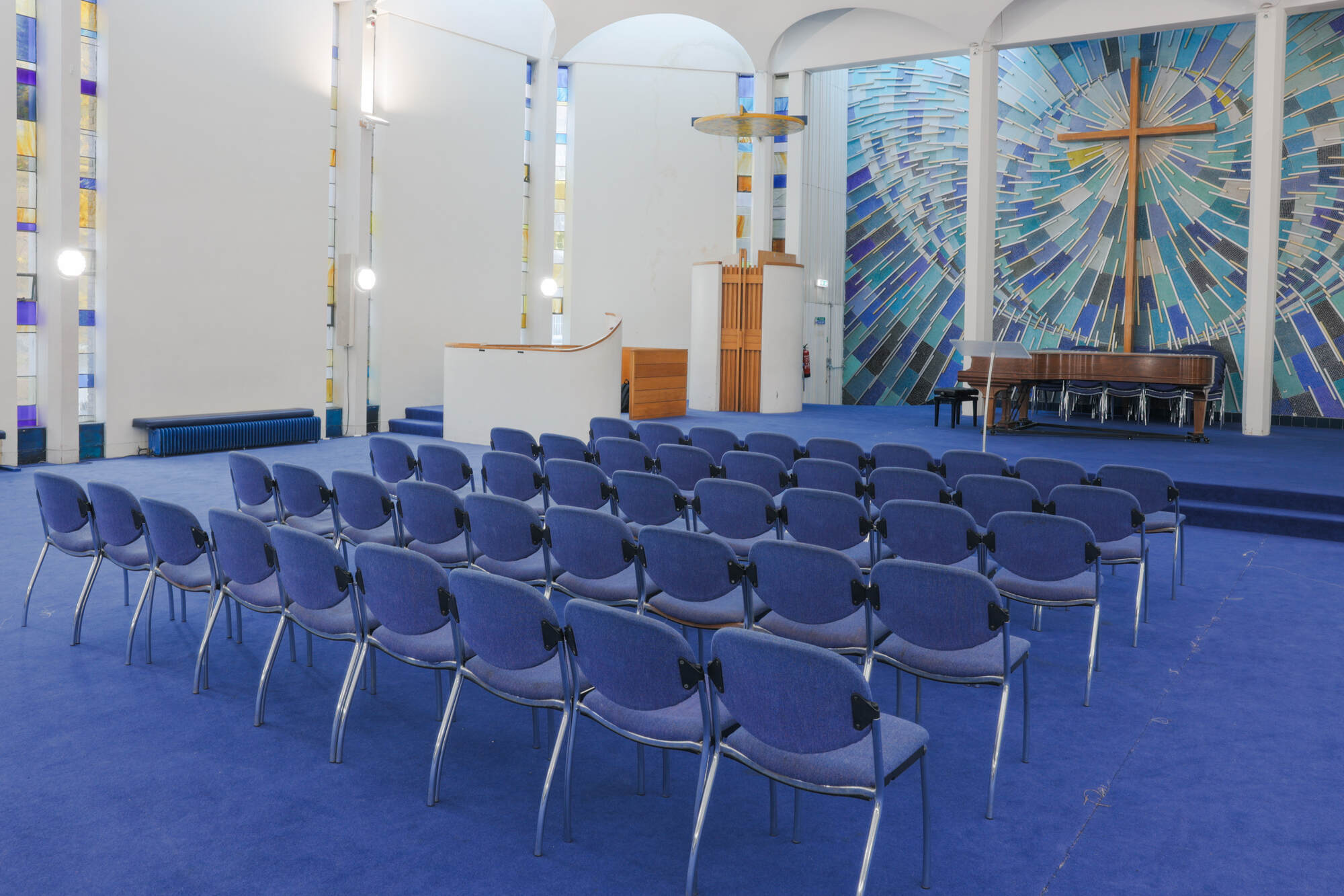 The church hall at St Paul's Robert Adam Street, set up with chairs in rows.