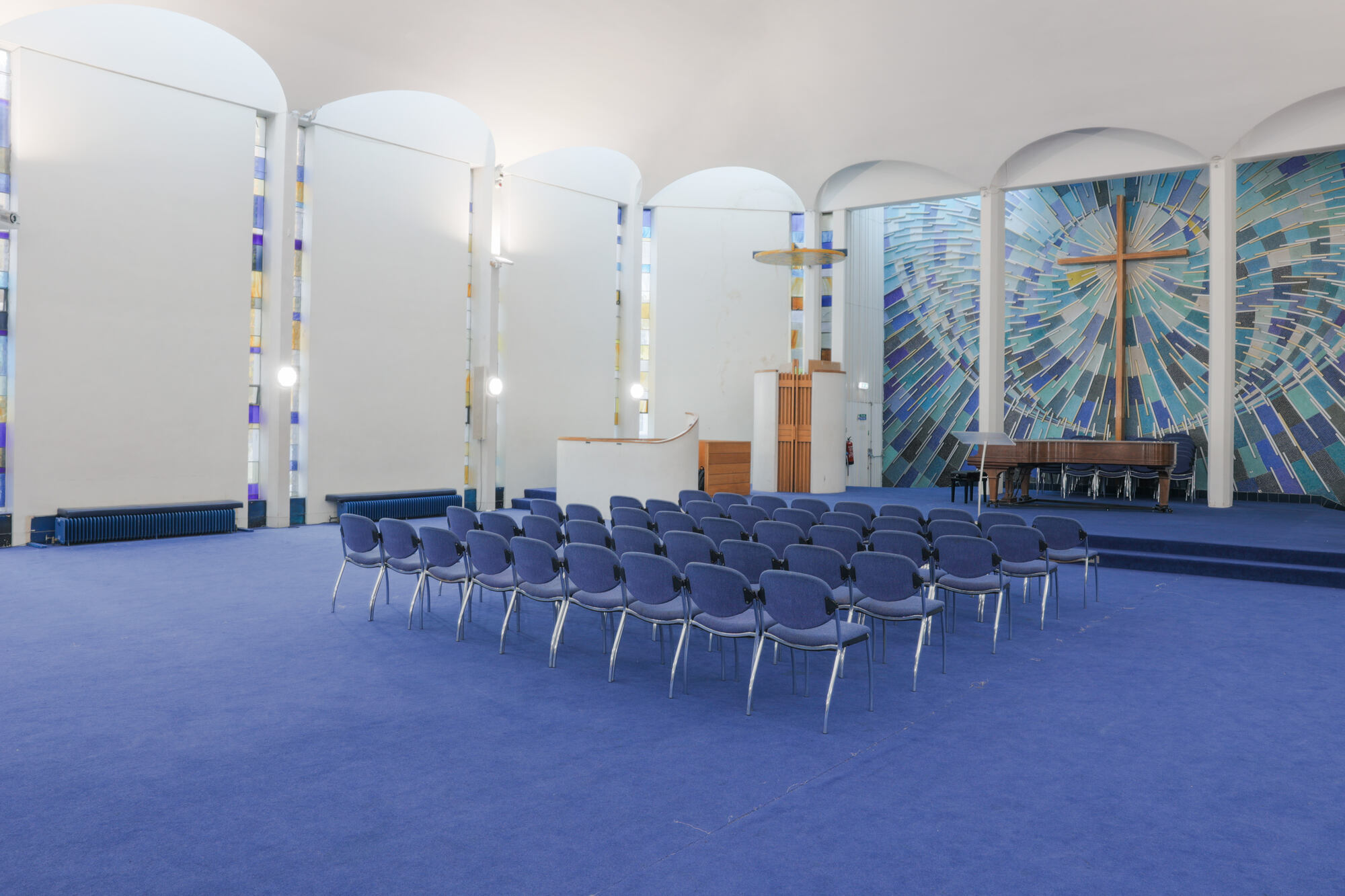 The church hall at St Paul's Robert Adam Street, set up with chairs in rows.