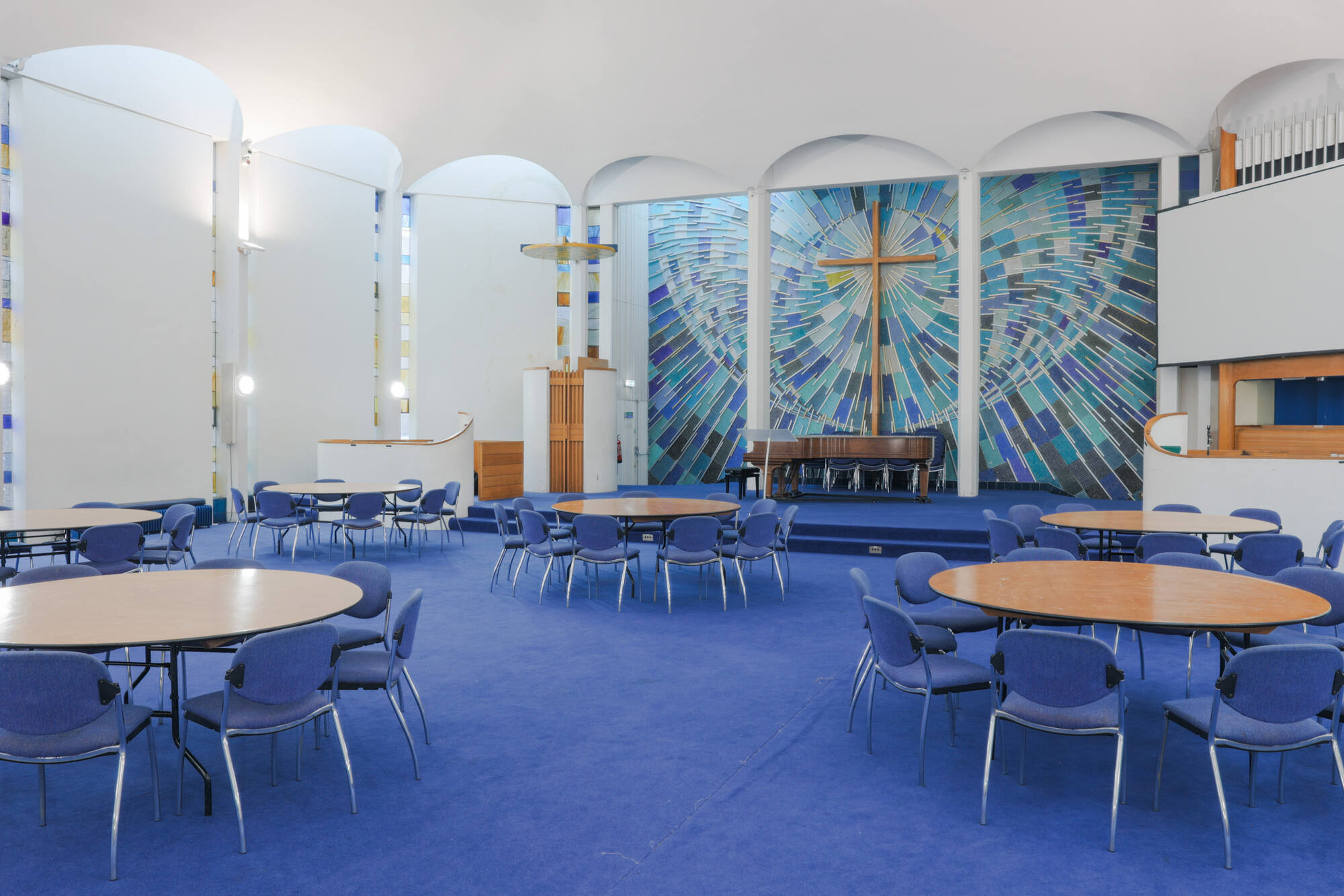 The church hall at St Paul's Robert Adam Street, set up with tables and chairs.