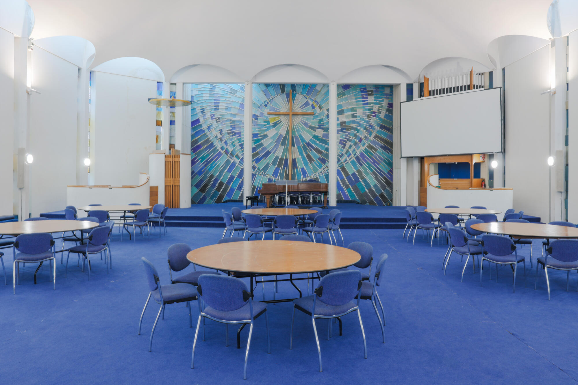The church hall at St Paul's Robert Adam Street, set up with tables and chairs.