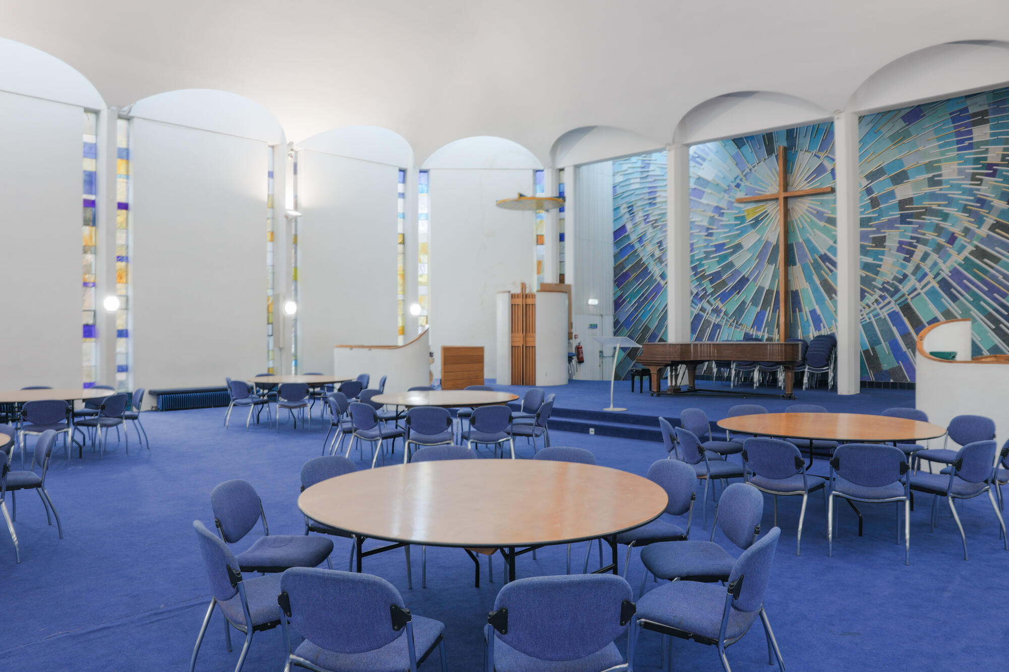 The church hall at St Paul's Robert Adam Street, set up with tables and chairs.