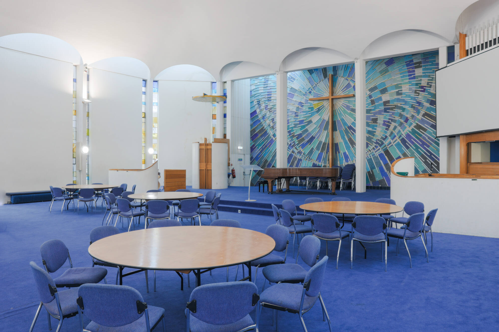 The church hall at St Paul's Robert Adam Street, set up with tables and chairs.